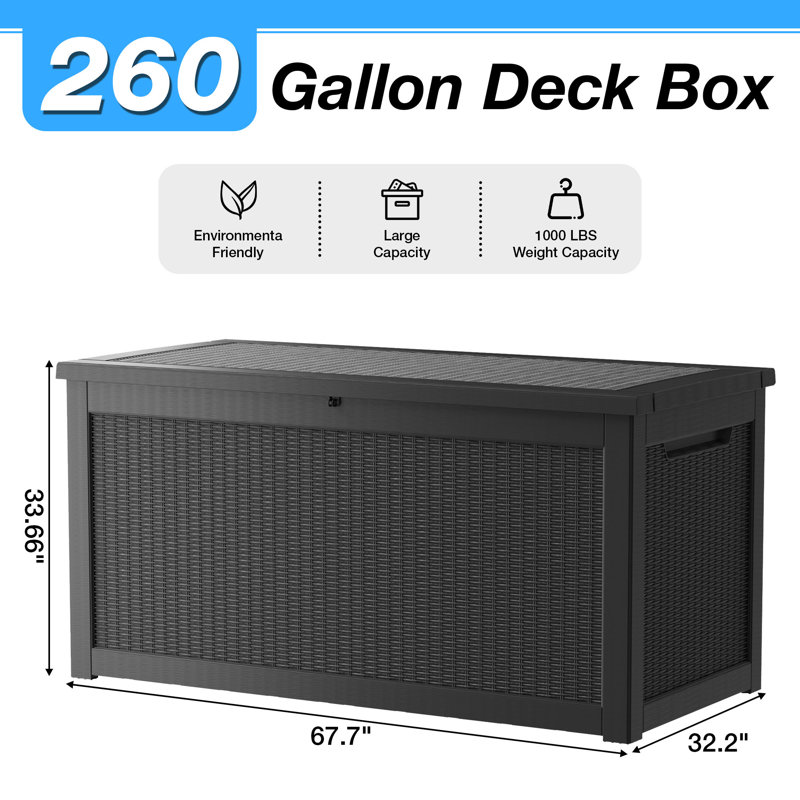 67.7"W 260 Gallon Water Resistant Resin Lockable Deck Box Waterproof Outdoor Storage Bench, Black