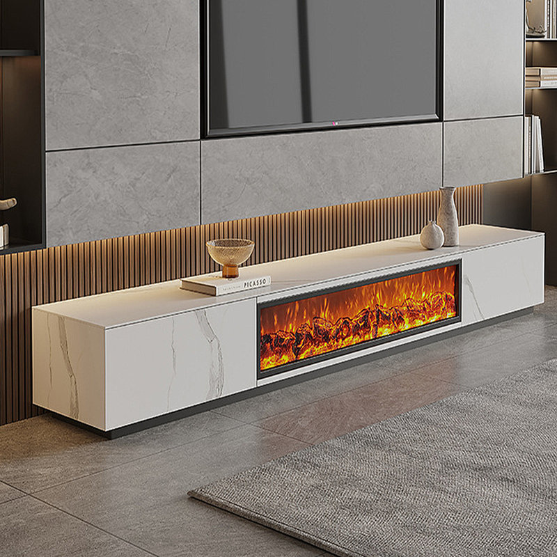 Meuble télé avec foyer à flamme simulée, 86.61", Blanc