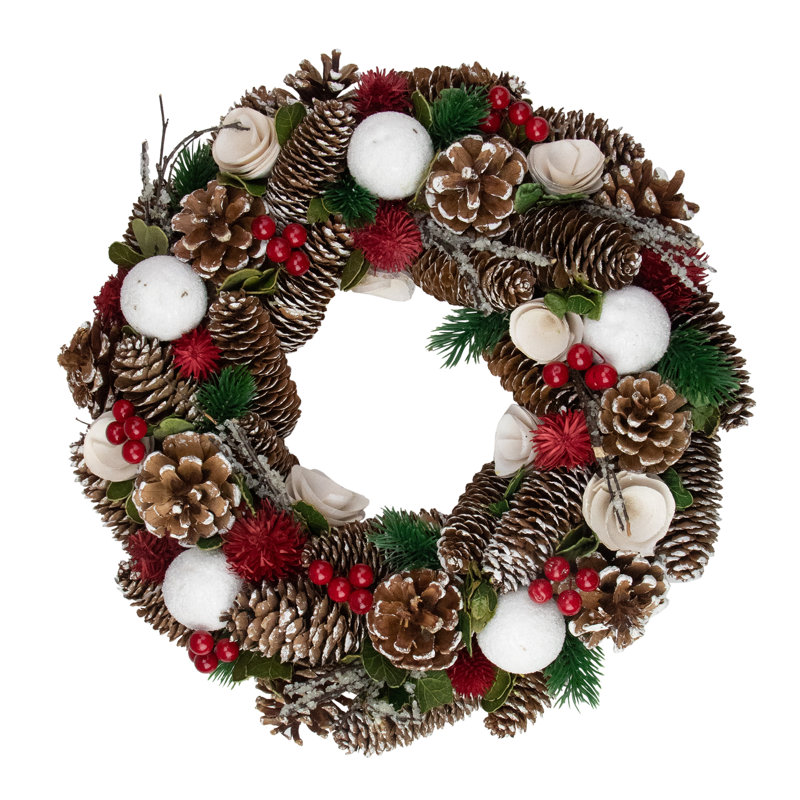 Couronne de Noël artificielle pomme de pin et baies, H 13,5 po x l 13,5 po x P 3,5 po