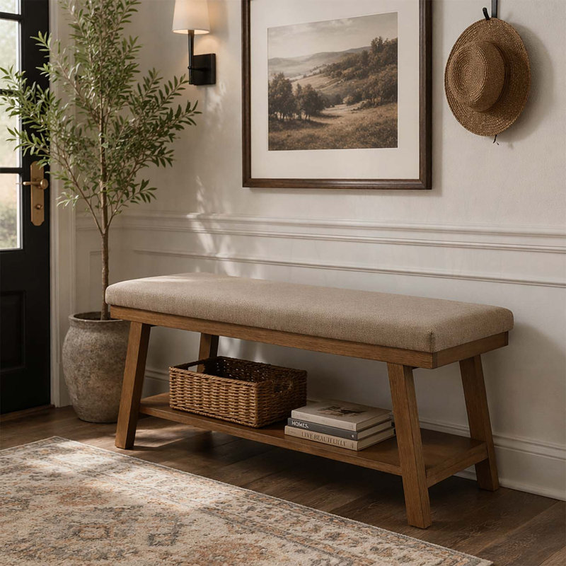 Banc rembourré avec tablette de rangement, Linen+Brown