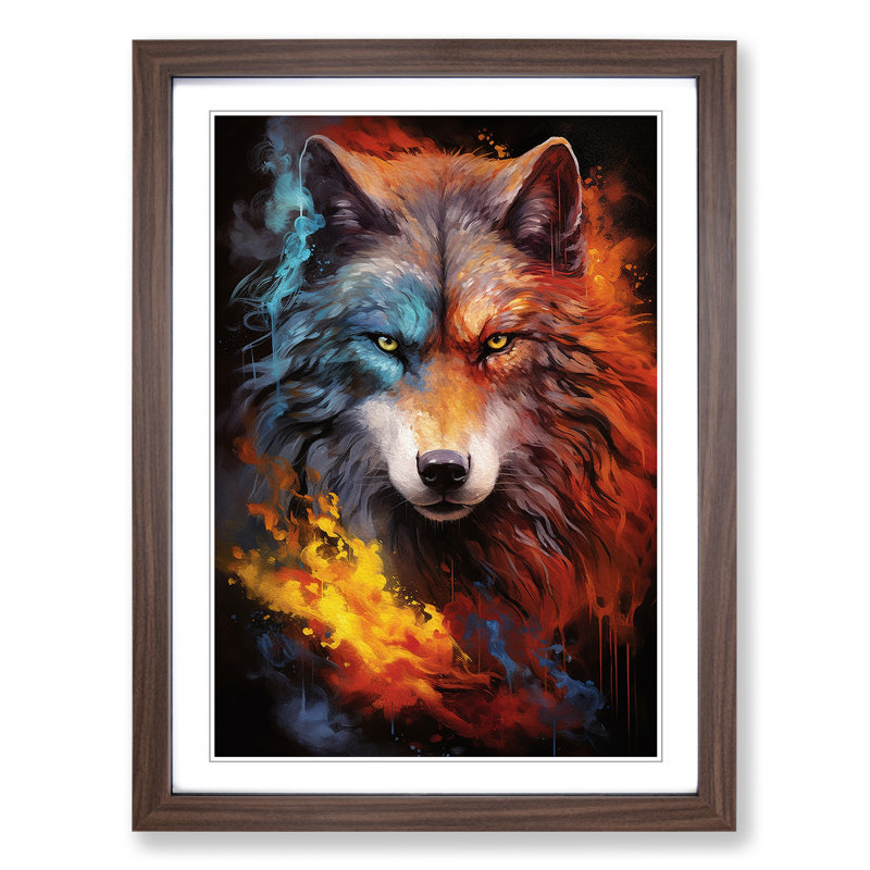 Wolf Symbolism - Single Picture Frame Print on Wood, 64cm H x 46cm W x 2cm D, Walnut
