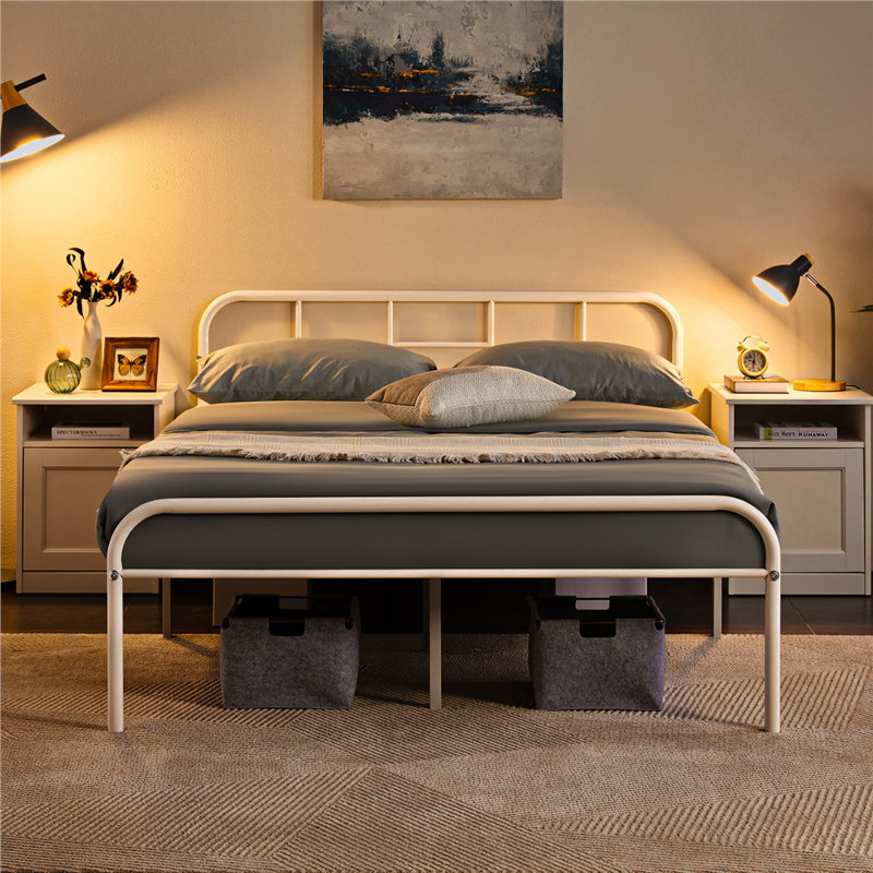 Metal-Framed Bed with High Headboard, Double (4'6), White