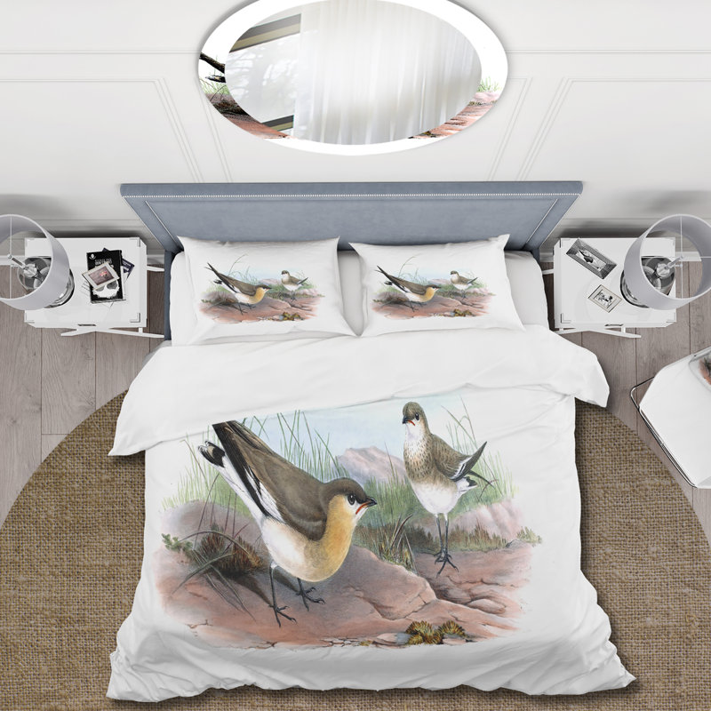 Illustration d'oiseau rétro II - ensemble de housse de couette Farmhouse - microfibre de polyester