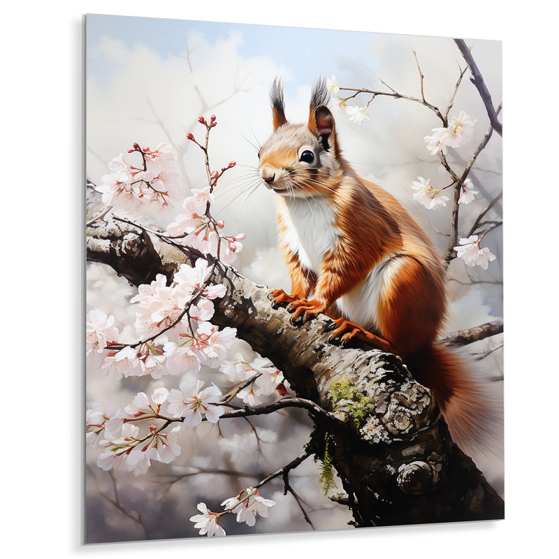 Écureuil brun sur fleur de cerisier rose 2 - Art mural en métal animal écureuil, H 20 po x l 12 po x P 1 po