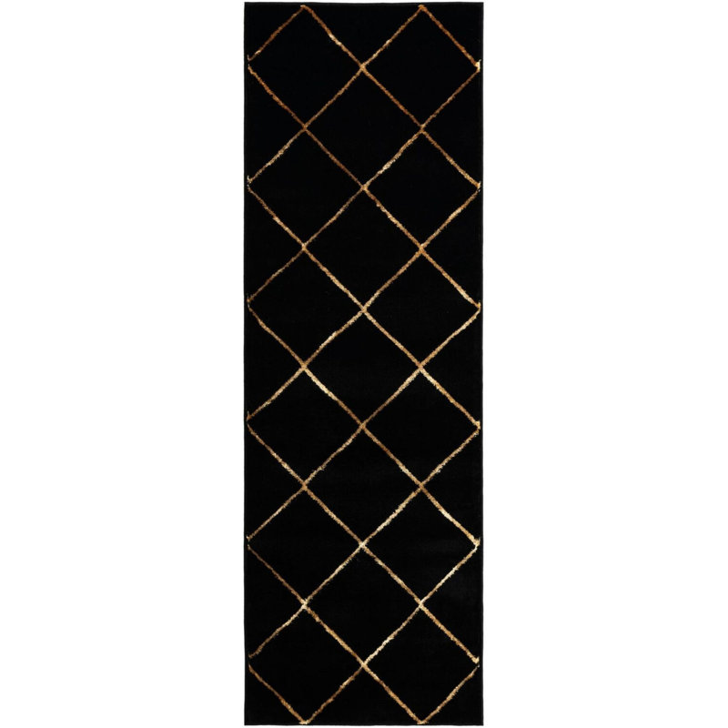 Étowah contemporain noir et doré, Tapis de couloir 2 pi x 6 pi 1 po