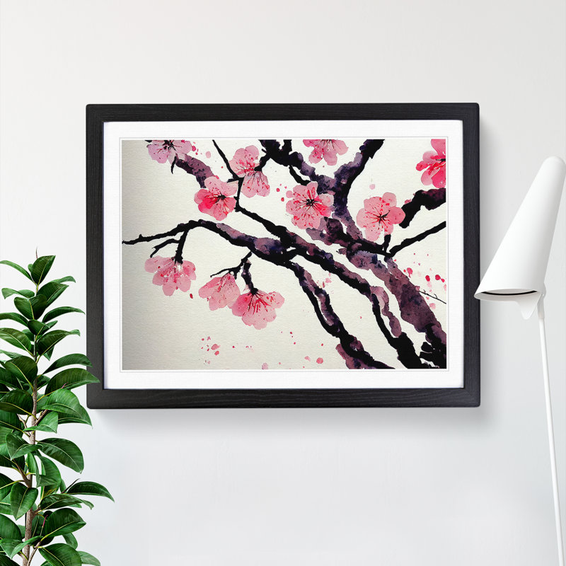 Cherry Blossom Flower Watercolour Vol.1 - Single Picture Frame Painting, 46cm H x 64cm W x 2cm D, Black