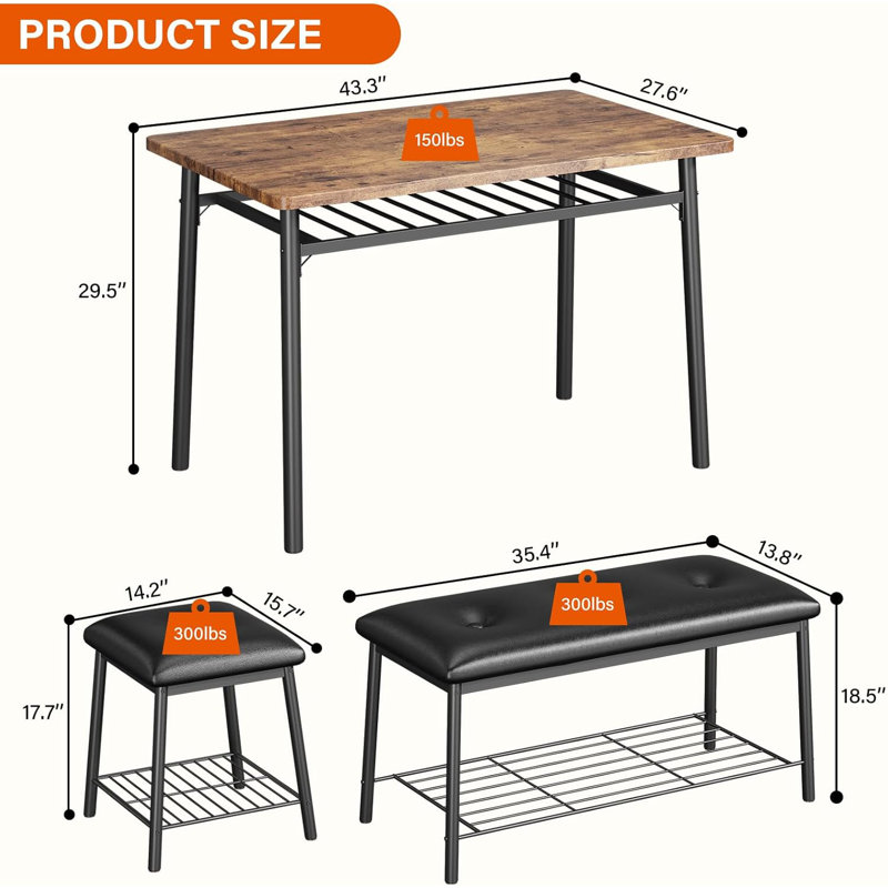 Ensemble de table de salle à manger 5 pièces, ensemble de table de salle à manger avec 2 bancs rembourrés et 2 tabourets carrés