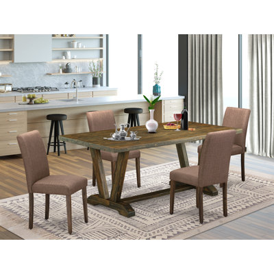 5-piece Dinner Table Set Includes a Mid Century Table and 4 Light Sable Linen Fabric Upholstered Chairs with High Back - Distressed Jacobean Finish