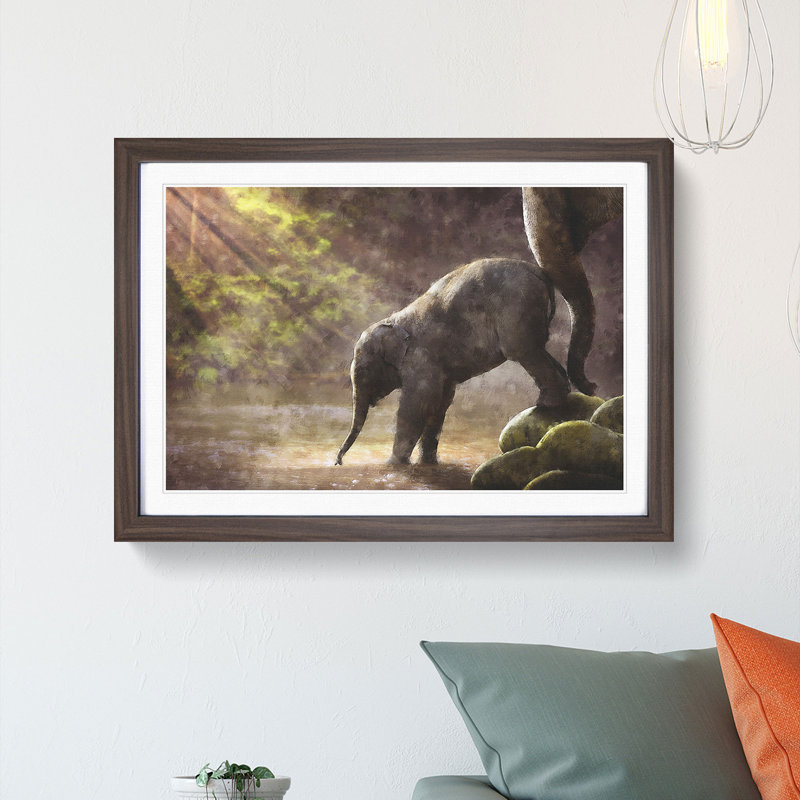 Mother Elephant Encouraging Baby - Picture Frame Painting Print, 33cm H x 45cm W x 2cm D, Walnut Framed