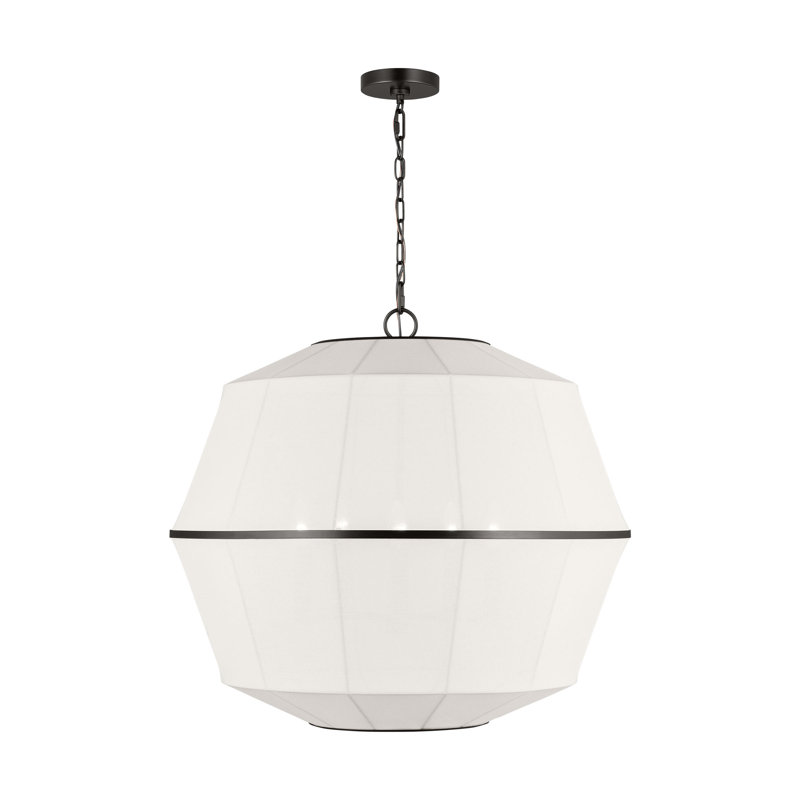 Ellen Degeneres Hikari 5 Light Dining Room Pendant With White Linen Shade, Aged Iron, 91.125" H x 28" W x 28" D