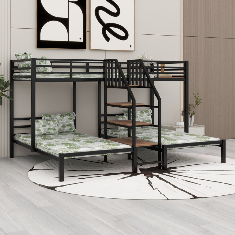 Triple Bunk Bed Frame With Storage Shelves Staircase, Black