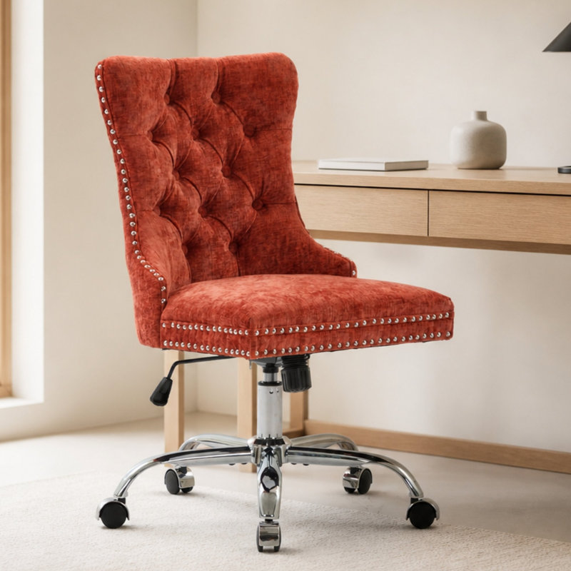 Chaise de bureau moderne en chenille capitonnée avec base en métal chromé, pivotant à 360 degrés, Rouge, Rouge