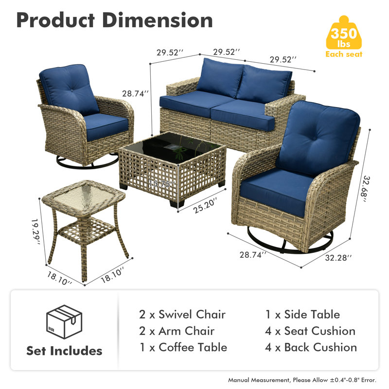 Ensemble de conversation en osier / rotin pour 4 personnes avec chaises pivotantes et coussins Wahkon, Marine