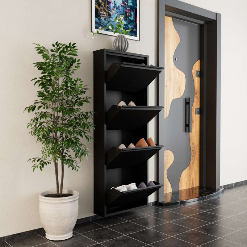 Modern Black Shoe Cabinet, 100% Metal, 19.7 x 53.5 x 5.9 inches | 0.7 mm Thickness, Wall-Mountable, Centrally Opening Doors with Magnetic Holders | Stylish & Space-Saving Storage Solution for Entryway