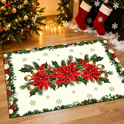 Non-Slip Indoor Outdoor Christmas Door Mat, 16"x24",Red Poinsettia Rug Art