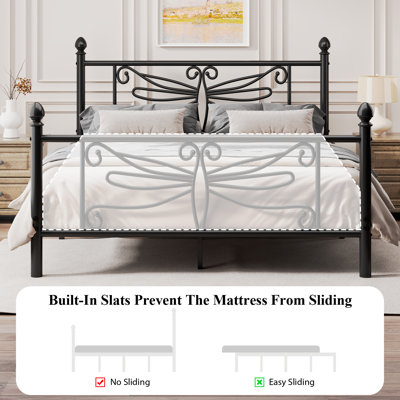 Queen Elegant Metal Platform Bed with Dragonfly Headboard and Footboard, Sturdy and Stable Structure & Under-bed Storage, Easy Assembly, Black