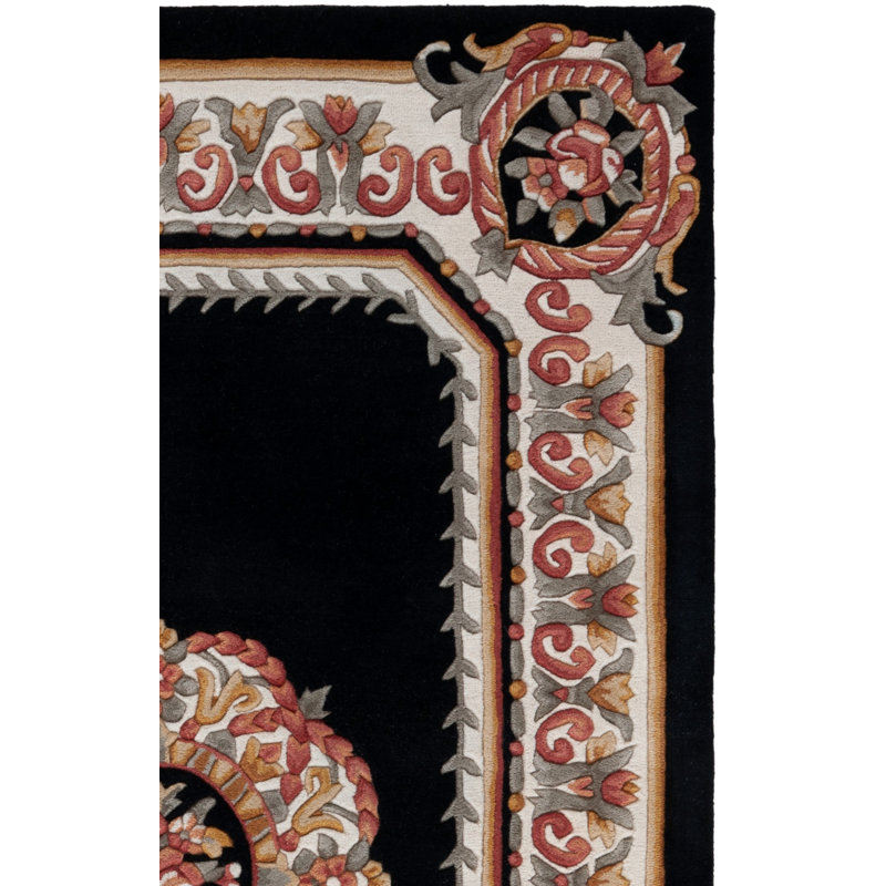Adenike Hand Tufted Wool Cotton Floral Rug in Black/Ivory/Black/Ivory, Rectangle 3' x 5'