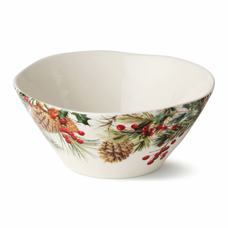Woodland Deep Bowl - Un centre de table en grès blanc de 10 pouces et 88 onces, orné de plantes botaniques d'hiver, aussi beau à la table qu'à la cuisine.