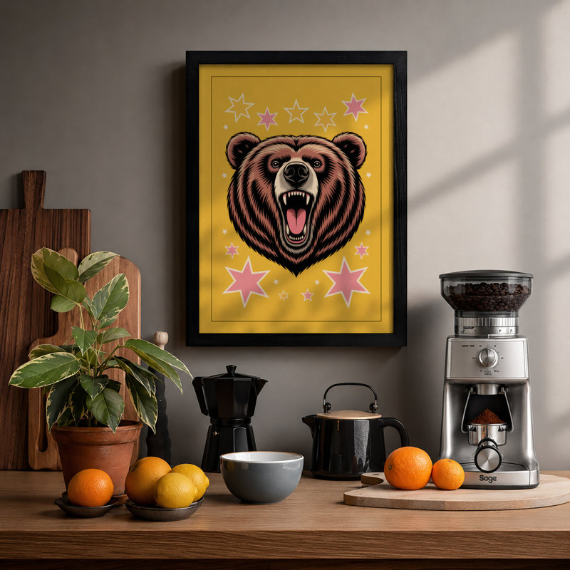 Bear Among Stars Geometric - Framed Print, Black, A4 - 29.7 x 21.0 cm