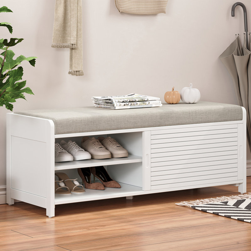 Retro Distressed Shutter Shoe Bench with Storage & Cushioned Seat | Entryway & Living Room Organizer, White