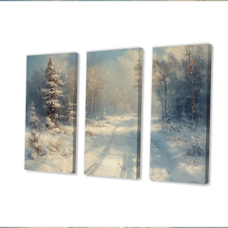 Ensemble de salon mural blanc et gris Winter Road Into Forest I - Winter Landscape, Toile tendue, H 32 po x l 16 po x P 1 po