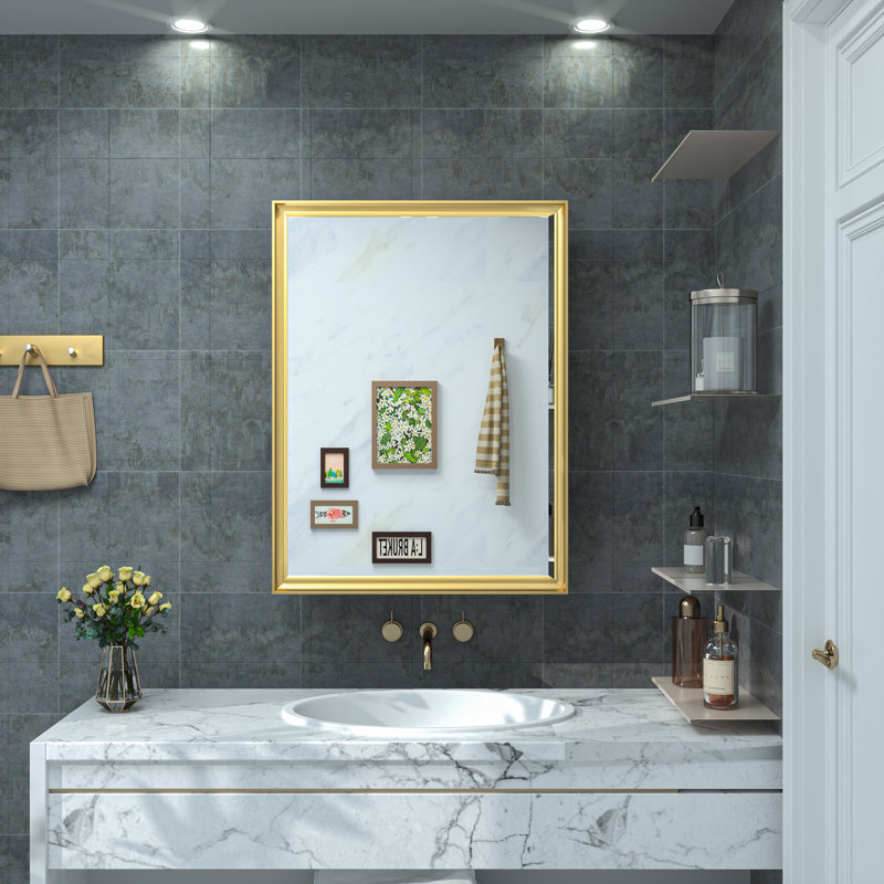 Cyrille Recessed & Surface Framed Medicine Cabinet with Mirror and Shelves, Gold, 30" H x 26" W x 5.2" D