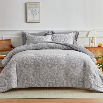 7-piece bedding set with botanical comforter and sheets, elegant jacquard florals, soft microfiber, reversible, a complete bedding set for all seasons