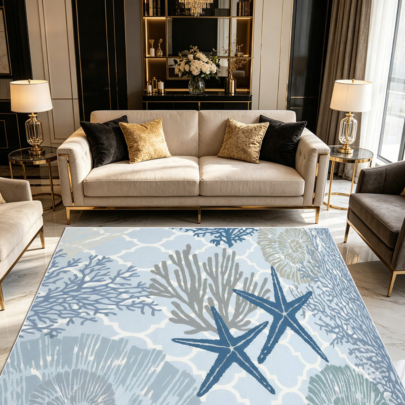 1PC Coastal Nautical Ocean Coral Starfish area rugs for Living Room, Soft and Comfortable, Suitable for all seasons, easy-to-maintain, machine washable Indoor floor mat, Under Table Farmhouse suitable for dining space, bedroom, entryway, patio