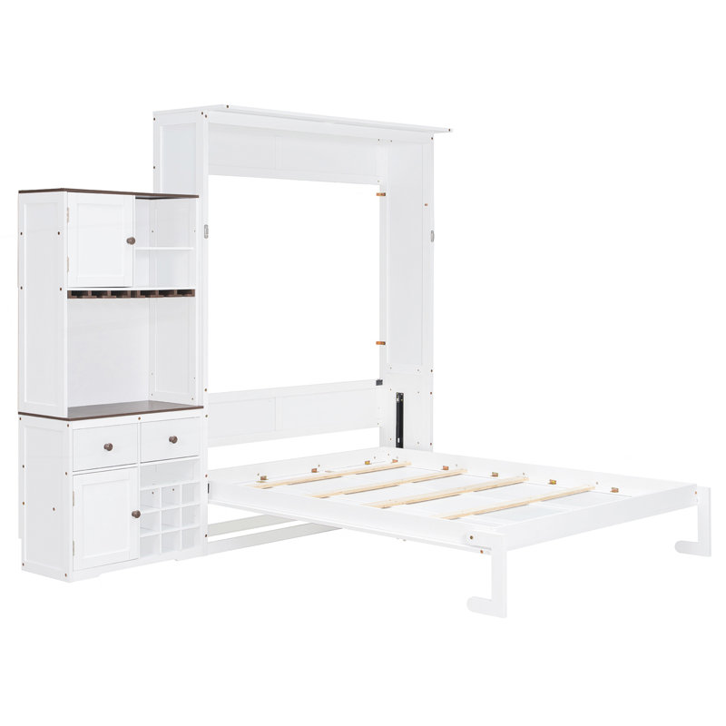 Grand lit escamotable avec armoire de rangement, support à vin, porte-verre, tiroirs et bande DEL multicolore