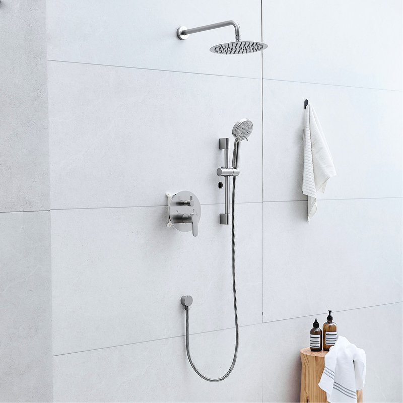 Robinets de salle de bain - Système de 10 pouces avec robinet mural noir mat, barre coulissante et robinet à main à 5 jets pour
