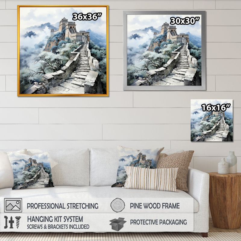 Grande muraille de Chine paysage IV - Art mural Chine, H 16 po x l 16 po x P 1 po, Toile tendue