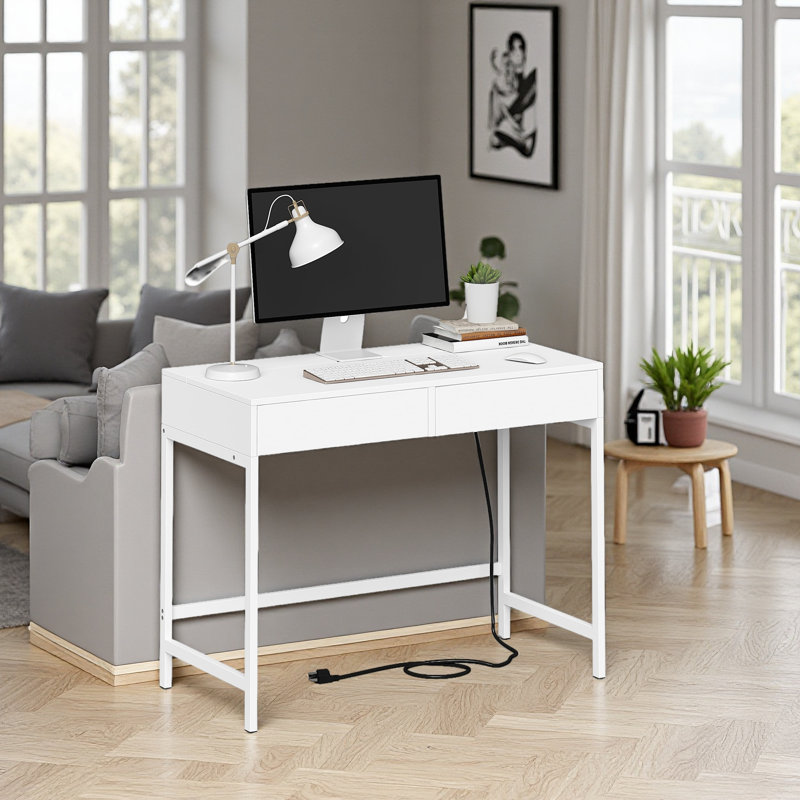 Bureau de charge 40 po avec 2 prises et 2 ports USB - Bureau d'ordinateur / coiffeuse à 2 tiroirs, Blanc