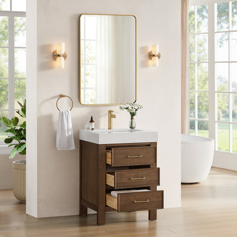 Meuble-lavabo simple Frederica de 61 cm (24 po) en épicéa brun vieilli avec comptoir en pierre composite et miroir, Blanc