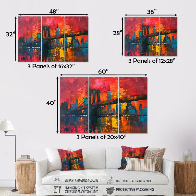 Red Blue Brooklyn Bridge Nyc - Bridges Wall Art Set, Sans cadre, H 32 po x l 48 po