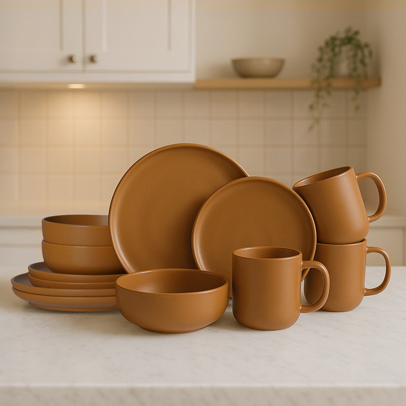 12-Piece Stoneware Dinnerware Set with Mugs – Microwave & Dishwasher Safe, Stackable, Non-Toxic – Service for 3, Orange