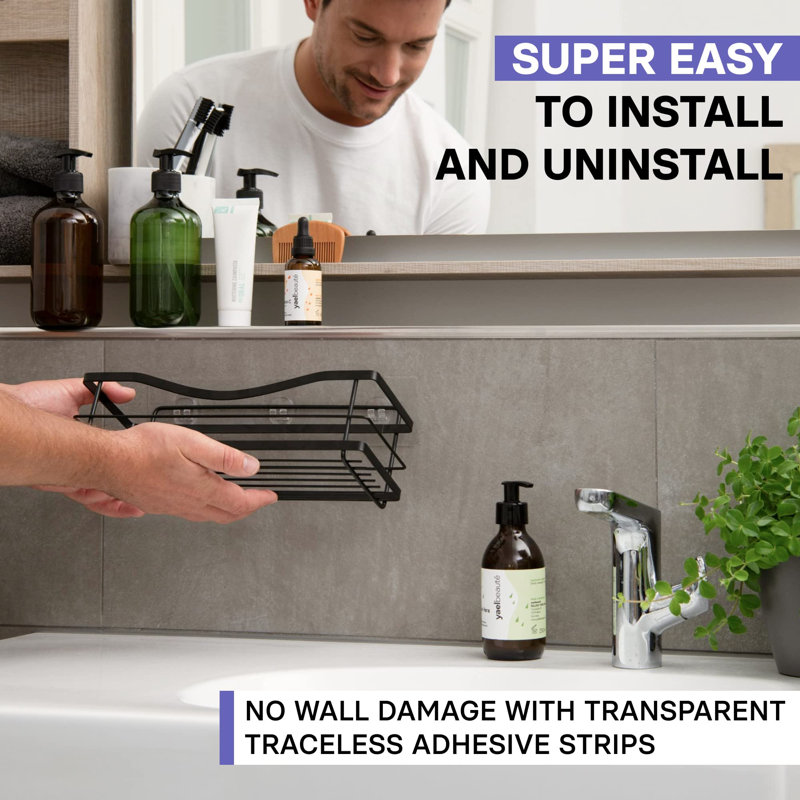 Strauser Adhesive Stainless Steel Shower Caddy, Matt Black