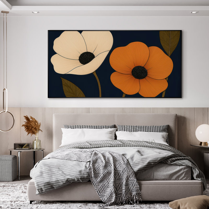 Très grande reproduction d'art sur toile - Fleur abstraite neutre moderne pour décor de maison contemporaine pour le salon ou la chambre à coucher - «Assemblage requis du cadre (cadre non fini)»