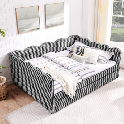 Grand lit de jour avec deux tiroirs de rangement, charge, forme ondulée et lit en lin - pour la chambre à coucher