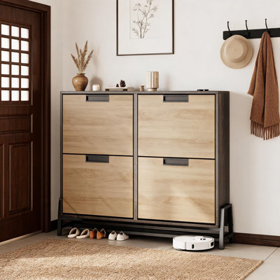 Console à chaussures à profondeur mince Modern Farmhouse avec 4 tiroirs rabattables inclinables, armoire de rangement pour chaussures fermée avec espace ouvert inférieur, rangement pour chaussures peu encombrant