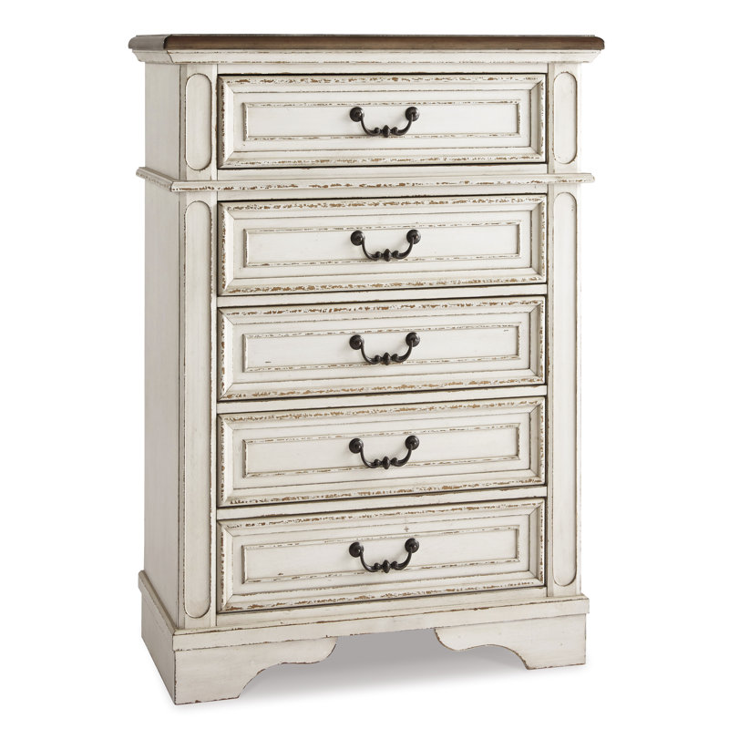 Cottage Charm Antique White 5-Drawer Chest with Felt Lined Drawers