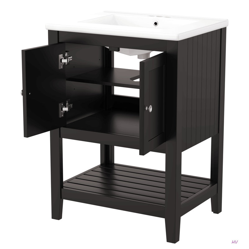 Lavabo de salle de bain moderne élégant en céramique 24 po avec tablette ouverte en bois massif, Noir