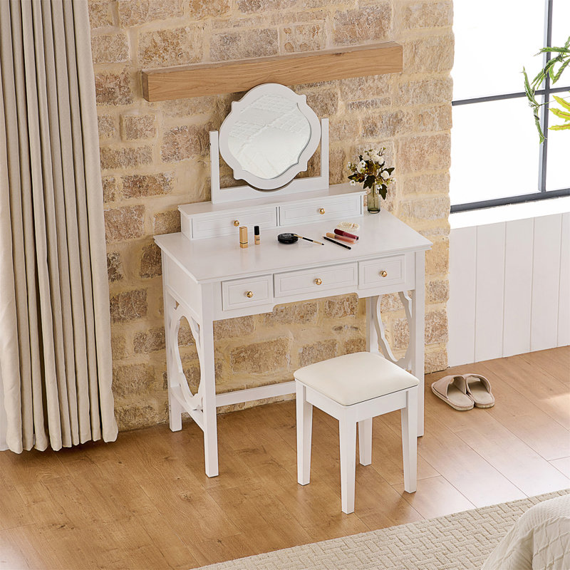 Coiffeuse compacte avec miroir réversible, coiffeuse avec tabouret, coiffeuse compacte pour petits espaces