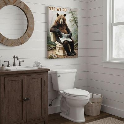 Bear Bathroom Canvas Wall Art Picture Funny Forest Animal Poster Prints Humorous Bear Sitting On The Toilet Painting Wall Decor for Washroom Restroom 12x16in Framed Ready To Hang