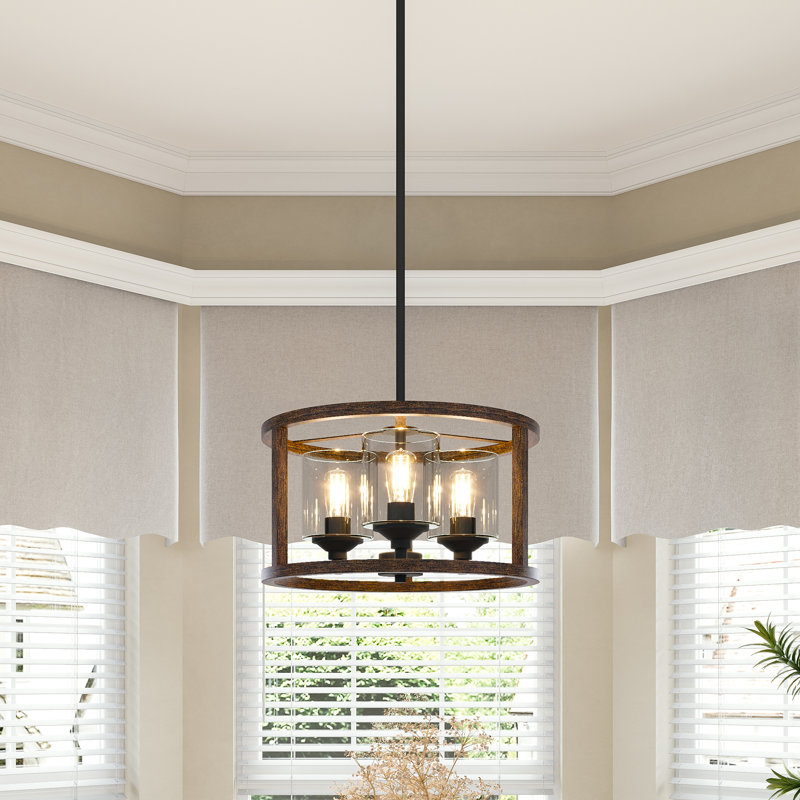 Kwong 3-Light Steel & Glass Dimmable Drum Dining Room Chandelier