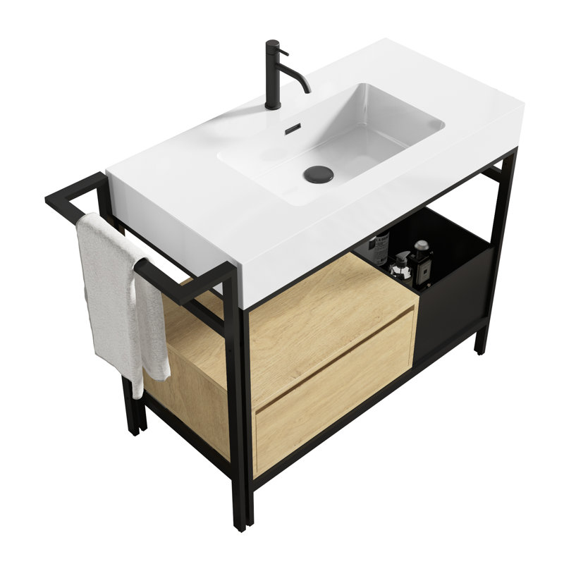 Meuble-lavabo de style industriel 36 po avec lavabo en pierre artificielle sans soudure, tiroir à fermeture en douceur et quincaillerie, convenant à