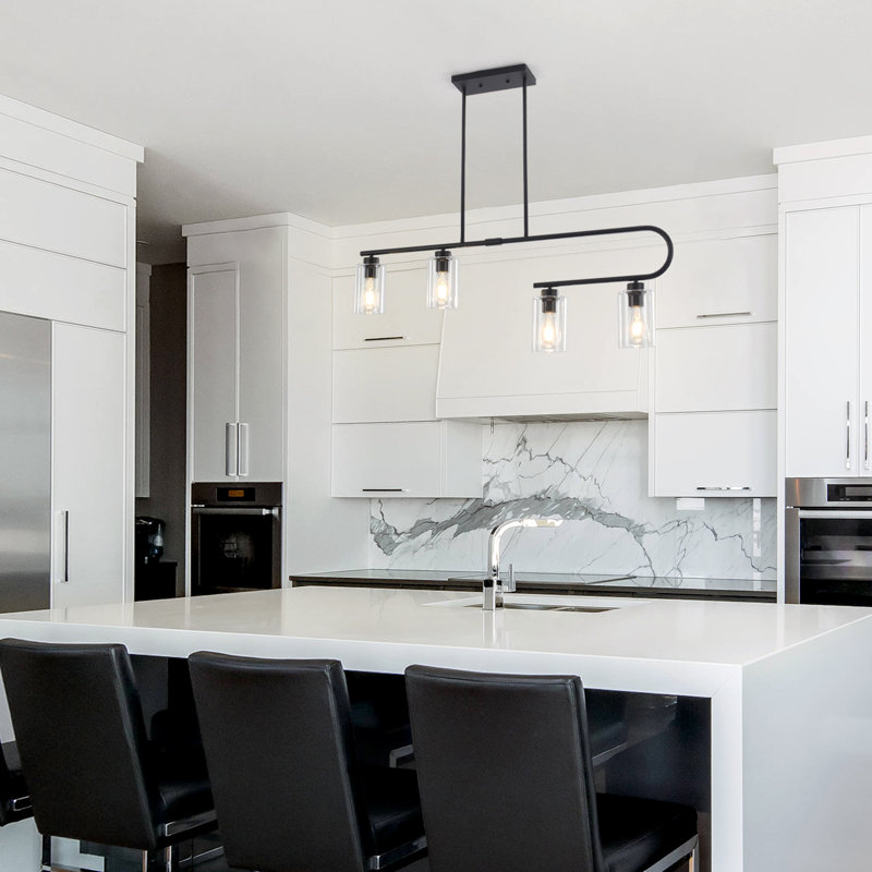 4 - Light Classic Glass Shade Kitchen Island Chandelier, Matte Black