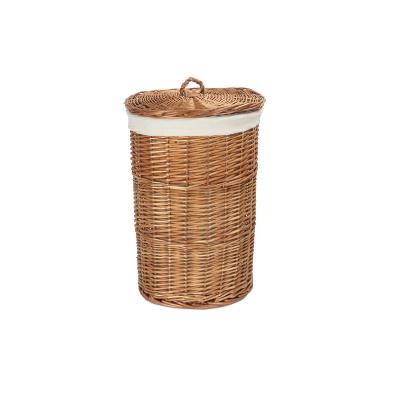 Wicker Round Laundry Hamper Basket with Lining, Light Steamed/White, 50cm H x 33cm W x 33cm D