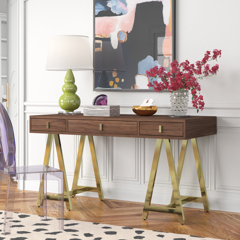 Pangea Home Griley Modern Seesaw Writing Desk with Gold Base – Walnut Wood Veneer , Walnut