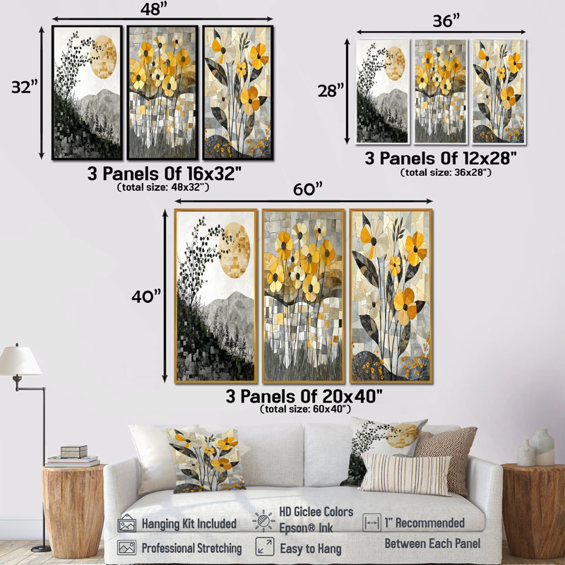 Fleur d'été en mosaïque sur une fleur de désert grise I - Collection de décorations murales couronne, Encadrement argenté
