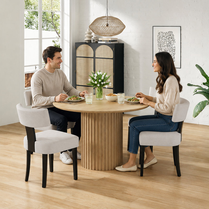 Mid Century Upholstered Dining Chairs With Solid Wood Legs, Black